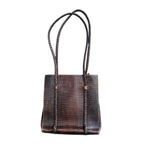 BALLY Brown Crocodile Embossed Leather Handbag Shoulder Bag Braided Handles Y2K